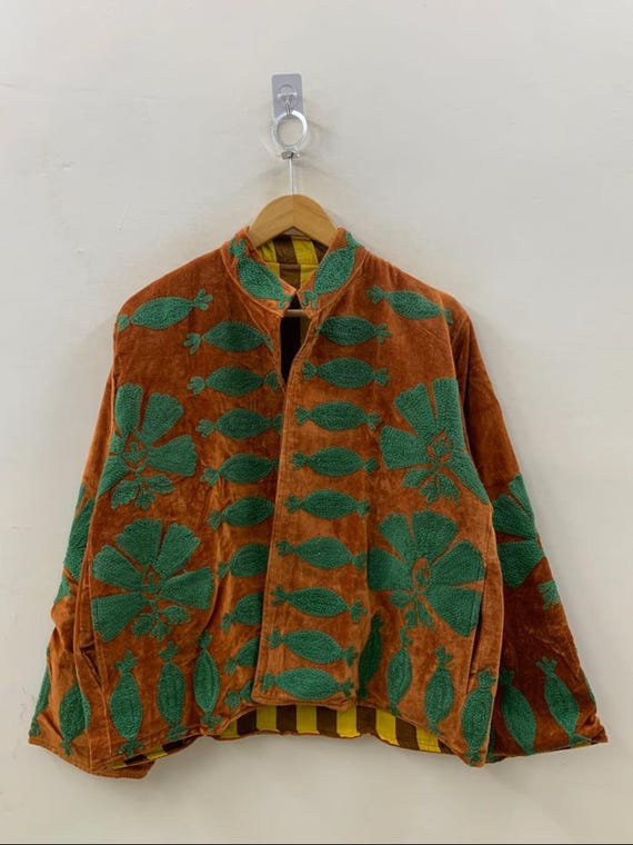 Vintage Velvet Suzani Jacket | Boho Floral Embroidered Coat