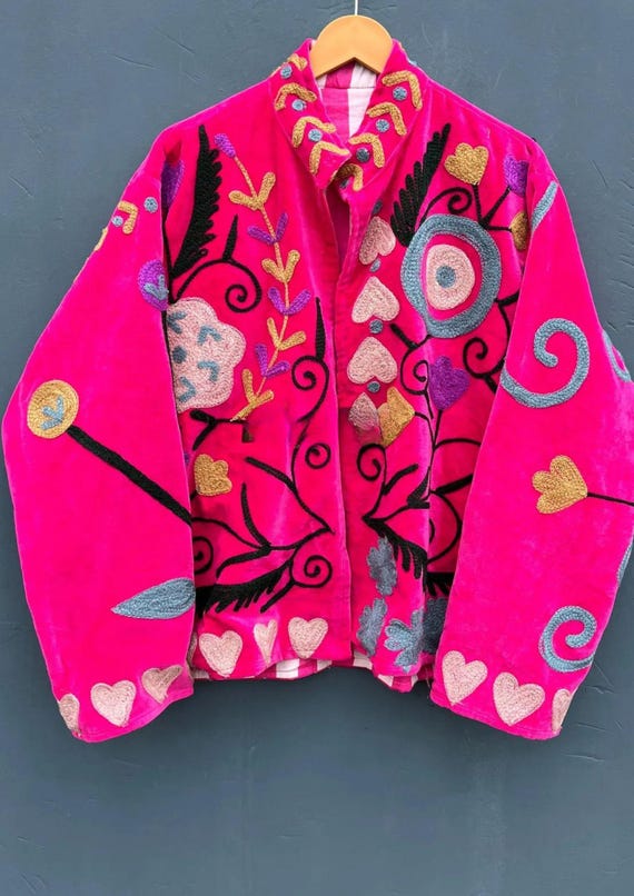 Pink Velvet Suzani Embroidered Jacket | Handmade Boho Duster