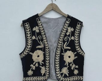 Handmade Black Velvet Suzani Vest – Embroidered Bohemian Waistcoat
