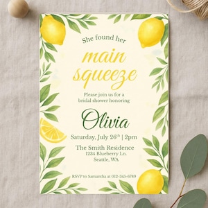 She Found Her Main Squeeze Bridal Shower Invitation | Editable Canva Template | Citrus Bridal Shower | Lemon Bridal Shower