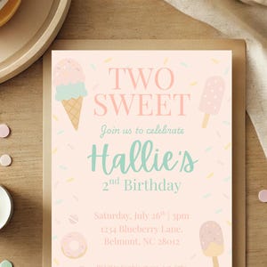 Two Sweet 2nd Birthday Invitation | Neutral Pastel Donut Party Invite | Canva Template | Digital Download | Girl&#39;s 2nd Birthday