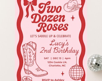 Two Dozen Roses Birthday Invitation | Second Birthday | Pink & Red Cowgirl Disco Party | Editable Canva Template