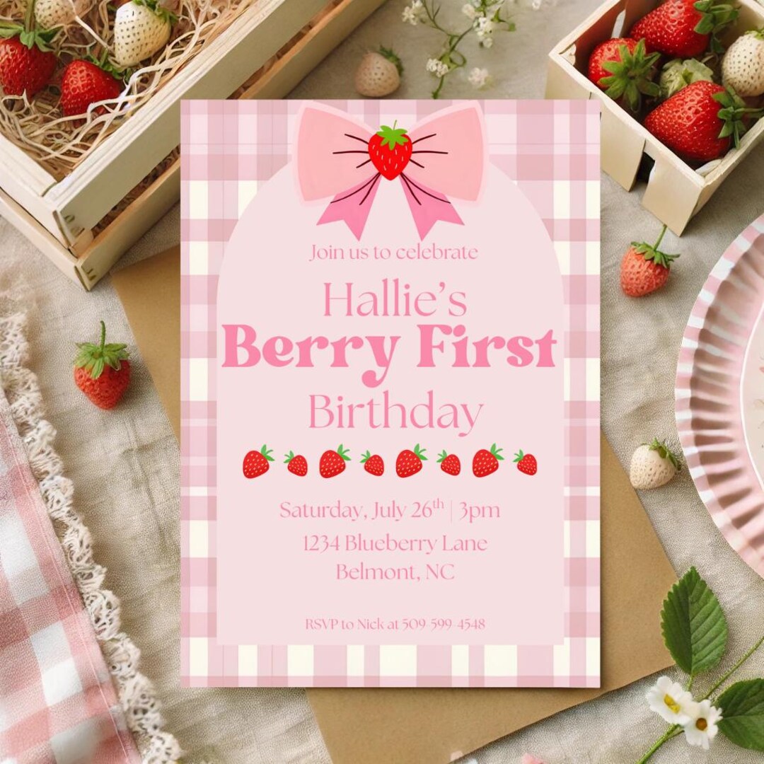 Berry First Birthday Invitation | Editable Strawberry 1st Birthday ...