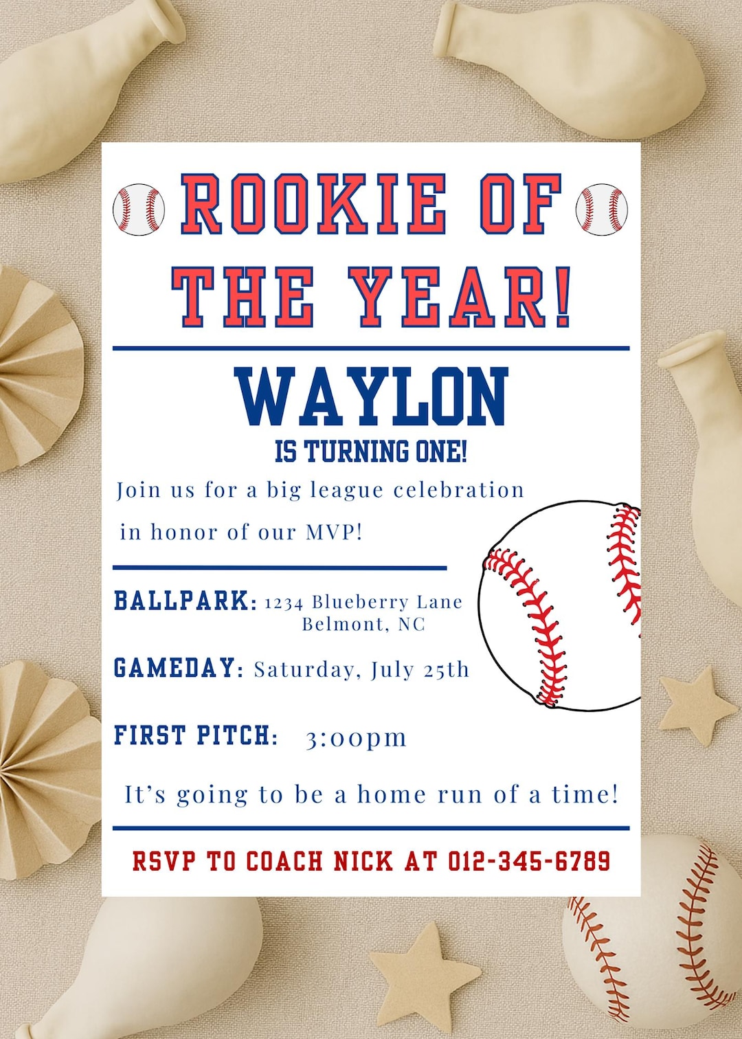 Rookie of the Year First Birthday Invitation | Editable Baseball ...