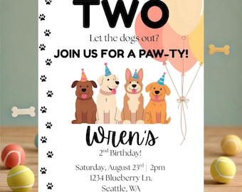 Inbjudan till födelsedag "Two Let the Dogs Out" | Redigerbar Canva-mall för 2-årsdag | Valpkalasinbjudan | Digital nedladdning