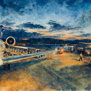 Airport Runway at Dusk – Watercolor-Style Print