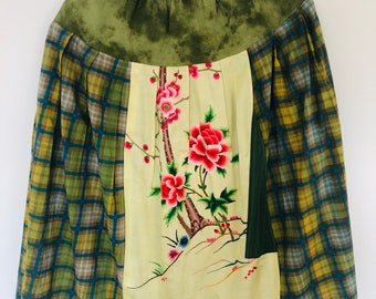 Handmade Cotton Skirt with Vintage Chinese Silk Embroideries: Peonies and Pine Tree