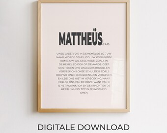 Matthäus 6:9-13, niederländische Bibelvers-Wanddekoration, christliches Poster, minimalistisches druckbares Design, moderne Typografie