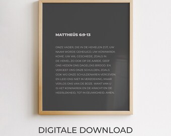 Matthäus 6:9-13, niederländische Bibelvers-Wanddekoration, christliches Poster, minimalistisches druckbares Design, moderne Typografie