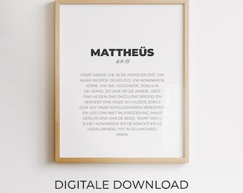 Matthäus 6:9-13, niederländische Bibelvers-Wanddekoration, christliches Poster, minimalistisches druckbares Design, moderne Typografie
