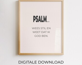 Psalm 46:11, niederländische Bibelvers-Wanddekoration, christliches Poster, minimalistisches druckbares Design, moderne Typografie