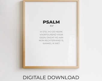 Psalm 16:8, Wanddekoration mit niederländischem Bibelvers, christliches Poster, minimalistisches druckbares Design, moderne Typografie