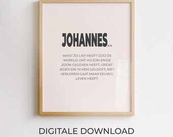 Johannes 3:16, Wanddekoration mit niederländischem Bibelvers, christliches Poster, minimalistisches druckbares Design, moderne Typografie