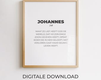 Johannes 3:16, Wanddekoration mit niederländischem Bibelvers, christliches Poster, minimalistisches druckbares Design, moderne Typografie