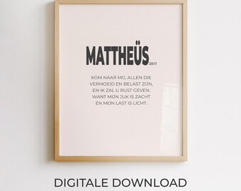 Matthäus 28:11, Wanddekoration mit niederländischem Bibelvers, christliches Poster, minimalistisches druckbares Design, moderne Typografie