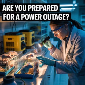 May include: A laboratory scene with the text "ARE YOU PREPARED FOR A POWER OUTAGE?" A person in a lab coat and safety glasses examines cages of mice with a flashlight. Yellow equipment is in the background.