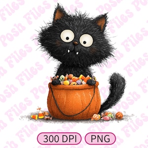 Cute Halloween Cat PNG Black Cat With Candy Clipart Digital Download Trick Or Treat Pumpkin Bucket Sublimation Fall Halloween Design