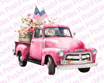 Watercolor Pink Truck PNG | Patriotic Floral Clipart (Digital Download)