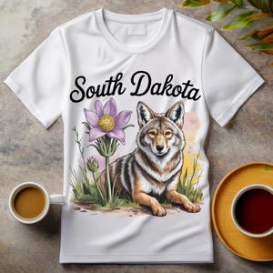 Aquarela Dakota do Sul PNG – Flor do Estado Pasque e Animal do Estado Coiote | Download Digital 300 DPI | Uso Comercial Aprovado