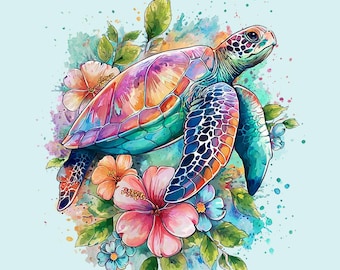 Watercolor Sea Turtle PNG: Tropical Hibiscus Floral Clipart (Digital Download)