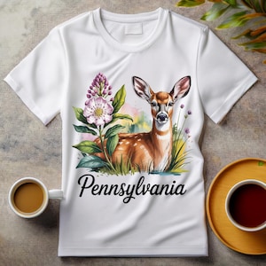 Aquarela da Pensilvânia PNG – Flor do Estado, Louro da Montanha e Animal do Estado, Veado-de-cauda-branca | Download Digital 300 DPI | Uso Comercial Aprovado