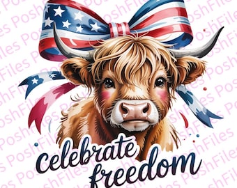 Vache Highland patriotique PNG, conception de chemise du 4 juillet (300 ppp)