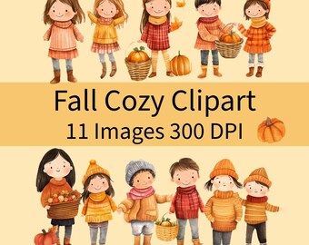 Conjunto de Clipart de Outono em Aquarela – Crianças Aconchegantes e Abóboras (PNG)