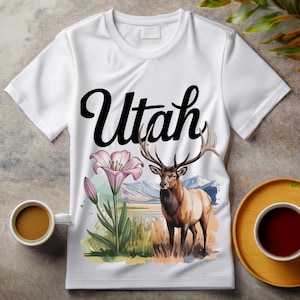 Aquarela Utah PNG – Flor do Estado Sego Lily e Animal do Estado Rocky Mtn Elk | Download Digital 300 DPI | Uso Comercial Aprovado