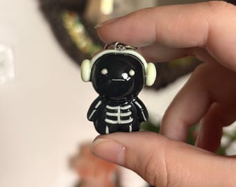 glow-in-the-dark skeleton charm: smiski-inspired polymer clay halloween charm