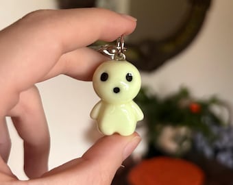 glow-in-the-dark kodama charm: handmade polymer clay forest spirit keychain