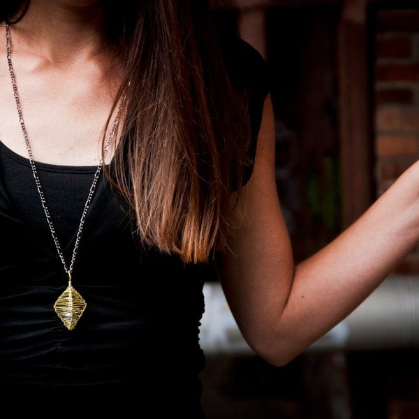 Cage Necklace Pendant - Diamond - Yellow Green and Sky Blue