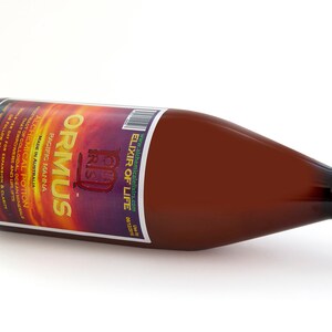 K&ouml;nnte beinhalten: Eine braune Glasflasche mit schwarzem Verschluss, beschriftet mit "ORMUS Elixir of Life", mit dem Text "Pacific Manna" und "Alchemical Potion" auf dem Etikett.