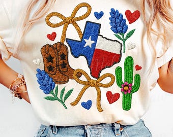 Texas PNG, Girly Embroidered Texas Shirt, Coquette Preppy Cowgirl Boots, Bluebonnets Girly Western Design with Boots Rope Bows Cactus PNG