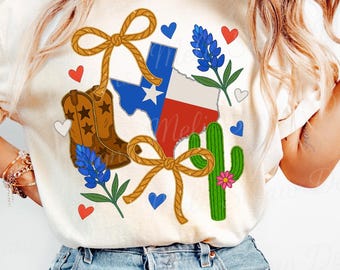 Texas PNG, Girly Texas Shirt, Preppy TX Western Design with Boots & Bows, Coquette Rope Bow Texas Sublimation, Cute Texas Shirt Design