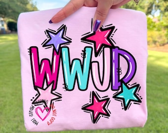 WWJD PNG, Girly Hand Drawn Doodle Stars Christian Shirt Design, Retro What Would Jesus Do Sublimation, Preppy Church Mom Shirt, Church Life