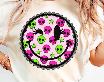 Retro Neon Halloween Smiley Face PNG, Cute Skull Spooky Season Shirt Design, Lace Trim Winking Smiley Face Sublimation, Girly Pink Skull PNG