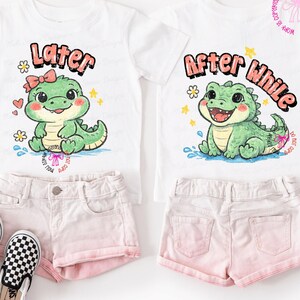 May include: Two white toddler t-shirts with cartoon alligators and the phrases "Later" and "After While" in pink. Paired with pink shorts and checkered slip-on shoes, this set is perfect for a fun, coordinated look.