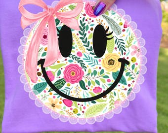 Floral Smiley Face PNG, Coquette Lace Trim Smiley Face, Preppy Spring Flowers Smiley Sublimation,Girly  Shabby Chic Smiley Face Shirt Design