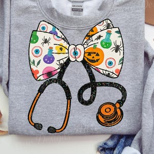 Halloween Nurse Stethoscope PNG, Coquette Jack-o'-Lantern Bow, Halloween Stethoscope, Coquette Nurse, Preppy Nurse Life, LVN RN School Nurse