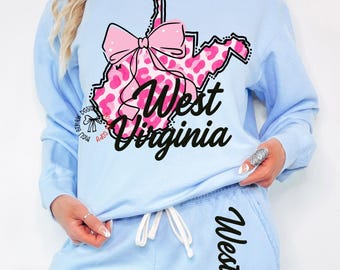 Coquette West Virginia PNG, Girly Leopard Print State of West Virginia Shirt Design, Trending Preppy West Virginia PNG, Mountain State PNG