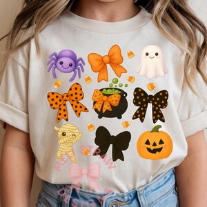 Coquete de Halloween Infantil PNG Abóbora de Halloween com laços Design fofo de Halloween Estilo preppy Sublimação Aranhas assustadoras Fantasma Casa assombrada Caldeirão