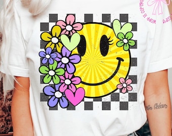 Retro Smiley Face PNG, Floral Smiley Shirt Design, Girly Smiley PNG, Trendy Spring Smiley Sublimation, Groovy Kids Shirt, Checkered Smiley