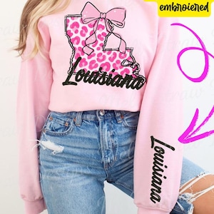 Coquette Louisiana State PNG, Preppy State Sublimation, Coquette Bow Soft Girl Design Faux Embroidery, Girly Trendy Watercolor Louisiana PNG
