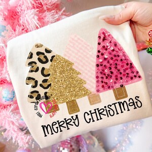 Merry Christmas PNG, Girly Patchwork Leopard Print Sequin Christmas Trees Shirt, Preppy Pink Christmas PNG, Glitter X-Mas Digital Download