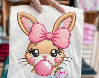 Bubblegum Bunny PNG, Preppy Embroidered Rabbit Design, Girly Easter Sublimation, Stitched Coquette Bunny Download, Cute Trending Rabbit PNG