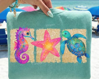 Watercolor Ocean Life PNG, Girly Summer Shirt Design, Beach Vacation Sublimation, Preppy Summer Vibes, Glitter Sand Tropical Coastal Design