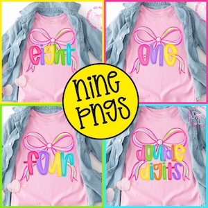 May include: Pink t-shirts with colorful text and bow designs. The shirts display the words "eight", "one", "four", and "double digits". A yellow circle with the words "nine PNGs" is in the center.