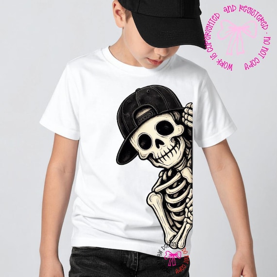 Boys Skeleton Halloween PNG, Kids Side Peek Skeleton Sublimation,  Boys Spooky Season Design, Trendy Skeleton DTF, Ball Cap Skeleton DTF