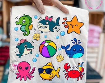 Kids Beach Coquette PNG, Cute Summer Vacation Sublimation, Beach Shark Crab Star Fish Dolphin Summer Shirt Design, Bright Sea Creatures PNG