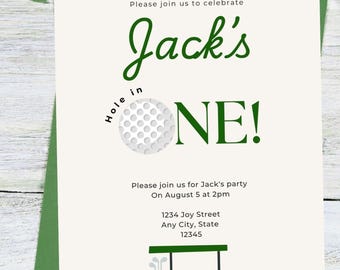 Hole in One First Birthday Invitation | Golf Themed Party | Editable Canva Template | Green & Beige | Golf Cart | Digital Download